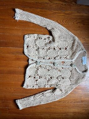 Crochet Openwork Cream Button-Front Women's Sweater
